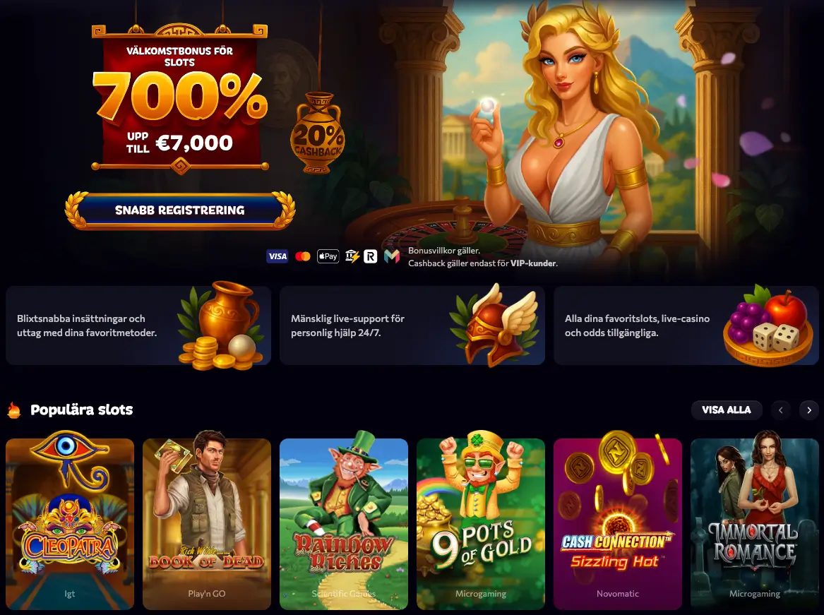 Skärmdump av en bonus och populära spel på Aphrodite Casino